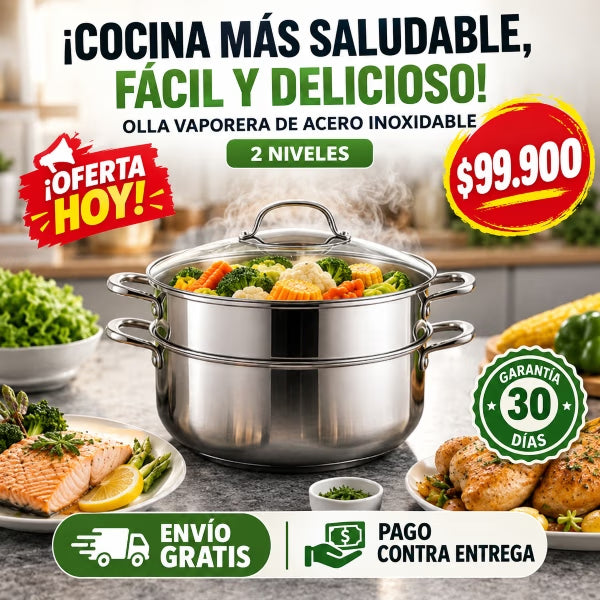 VaporChef™ | Olla Vaporera de Acero Inoxidable 2 Niveles