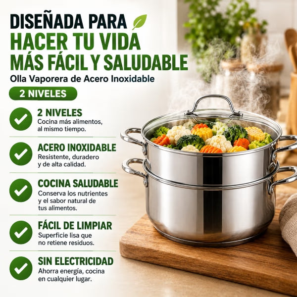 VaporChef™ | Olla Vaporera de Acero Inoxidable 2 Niveles