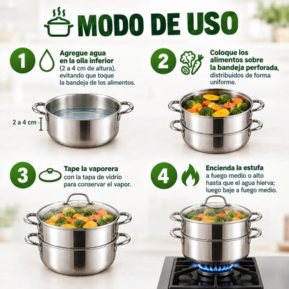 VaporChef™ | Olla Vaporera de Acero Inoxidable 2 Niveles