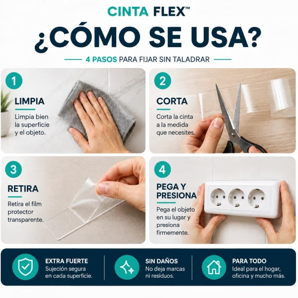 Cinta Flex™ 2x1 - Cinta doble cara que fija cuadros, cables y ganchos sin taladros al instante