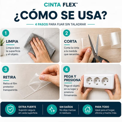 Cinta Flex™ 2x1 - Cinta doble cara que fija cuadros, cables y ganchos sin taladros al instante