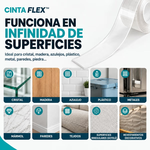 Cinta Flex™ 2x1 - Cinta doble cara que fija cuadros, cables y ganchos sin taladros al instante