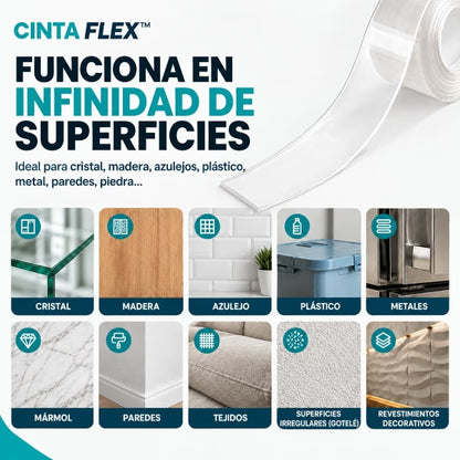 Cinta Flex™ 2x1 - Cinta doble cara que fija cuadros, cables y ganchos sin taladros al instante