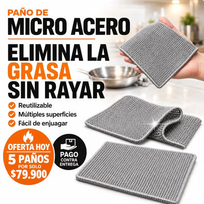 Pack x5 Paños de Micro Acero Multiusos | Quita la Grasa Sin Rayar Tus Ollas