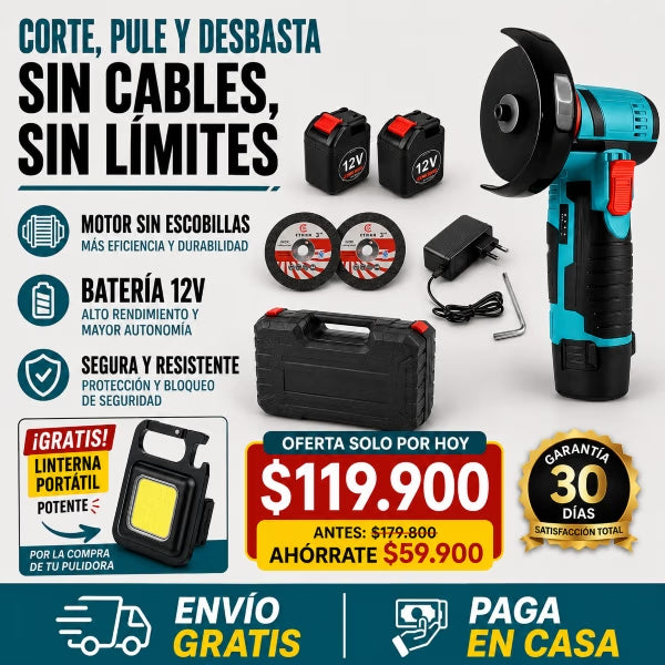 PulidoraPro™ Inalámbrica - Corta, pule y desbasta sin cables, sin límites.