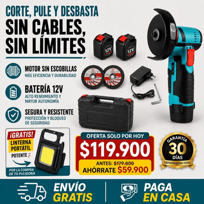 PulidoraPro™ Inalámbrica - Corta, pule y desbasta sin cables, sin límites.