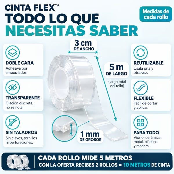 Cinta Flex™ 2x1 - Cinta doble cara que fija cuadros, cables y ganchos sin taladros al instante