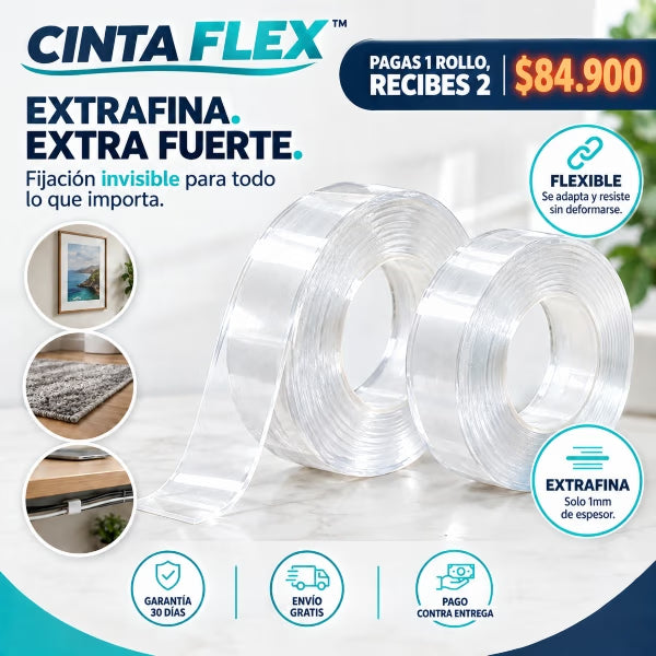 Cinta Flex™ 2x1 | Cinta doble cara que fija cuadros, cables y ganchos sin taladros al instante